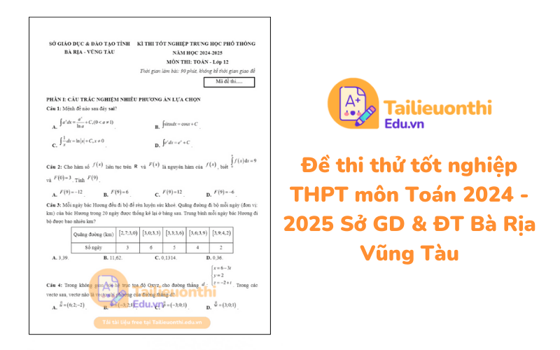 Đề thi thử tốt nghiệp THPT môn Toán 2024 - 2025 Sở GD  ĐT Bà Rịa Vũng Tàu